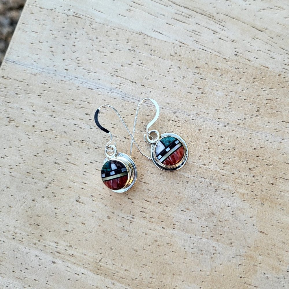 Zuni Sun Face Inlay Turquoise & Spiny Oyster Dangle Earrings NA Handmade Jewelry - Picture 5 of 8